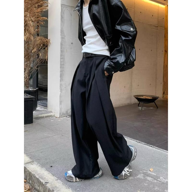 Spring and summer American retro heavy three-dimensional pleated wide-leg casual pants men's and women's loose design suit pants