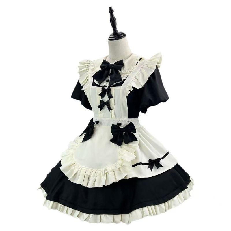 Women Lolita Maid Dress Black White Ruffle Bow Puff Short Sleeve Cute Cosplay Costume Sweet Elegant Mini Dress Party Outfit S
