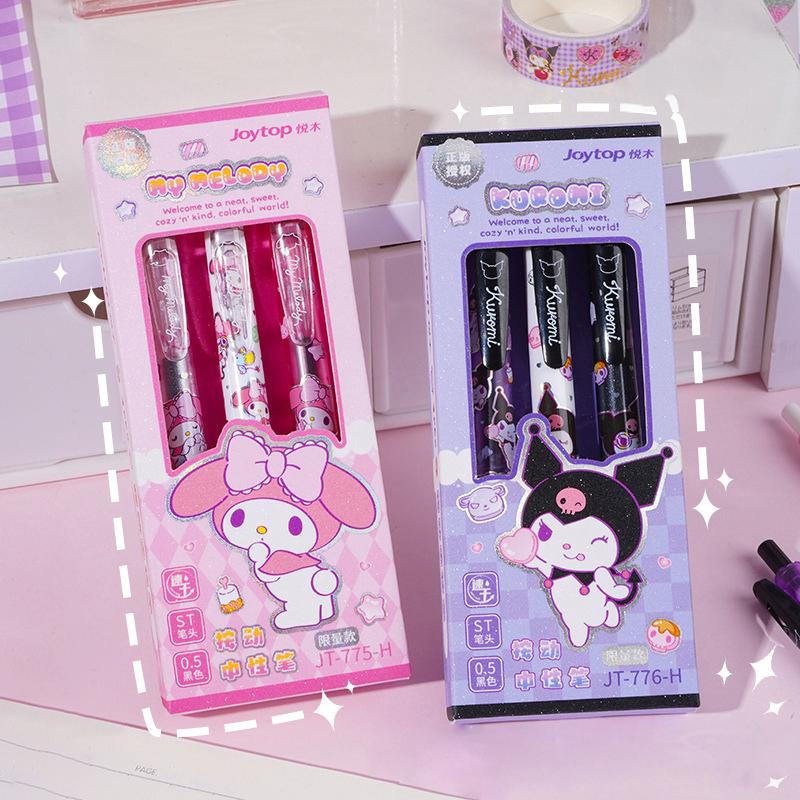 3Pcs/Box Kawaii Kuromi Melody Pressing Gel Pens Set Cute Cartoon 0.5Mm Black Ink Neutral Pens Student Stationery Office Supplies