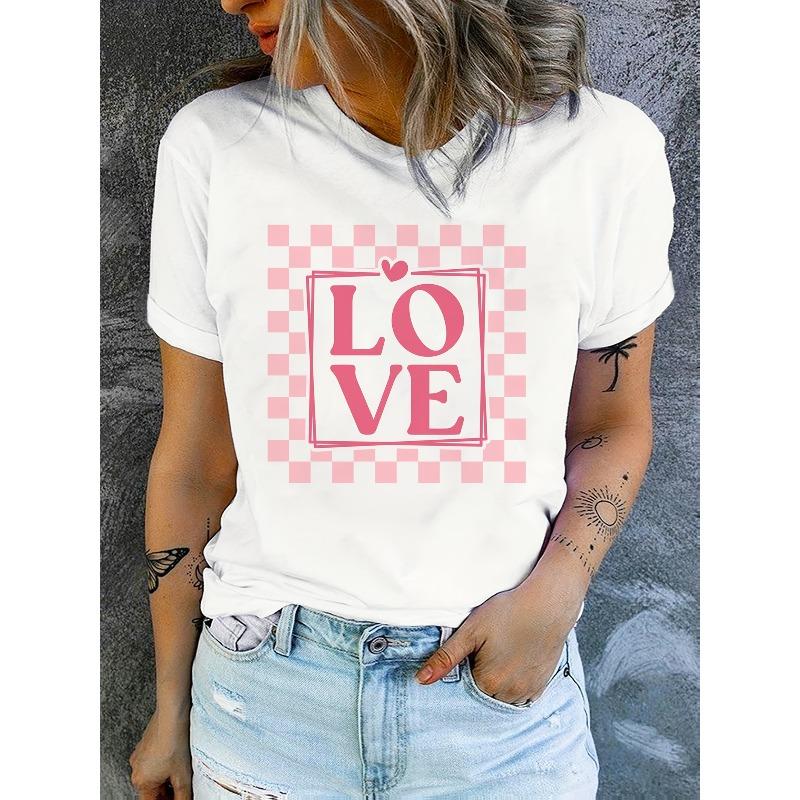 European Size Women's Romantic Red Heart & Butterfly Print Semi-Sheer T-Shirt - Short Sleeve Round Neck Blouse with Color-Blocking