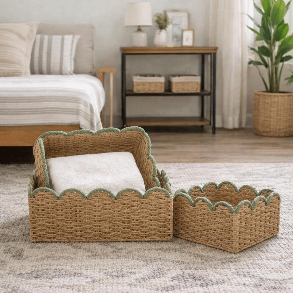 Cesta de Almacenamiento Rectangular de Mimbre Artificial Hecha a Mano Organizador de Artículos Varios de Cuerda de Papel Gran Capacidad Contenedor Ecológico Cocina
