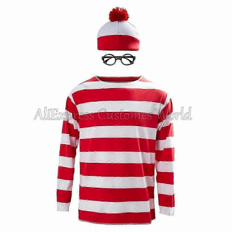 Adult Red & White Striped Cosplay Outfit with Glasses and Hat for Christmas