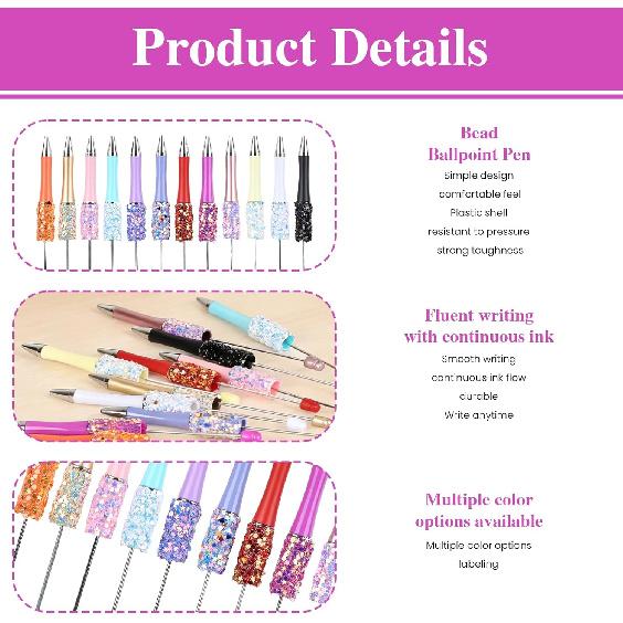 12 Pcs Glitter Beadable Ballpoint Pens, Colorful DIY Retractable Sequin Bead Pen Kit with Pentagram, Fancy Beadable Ballpoint Stationery for Creative