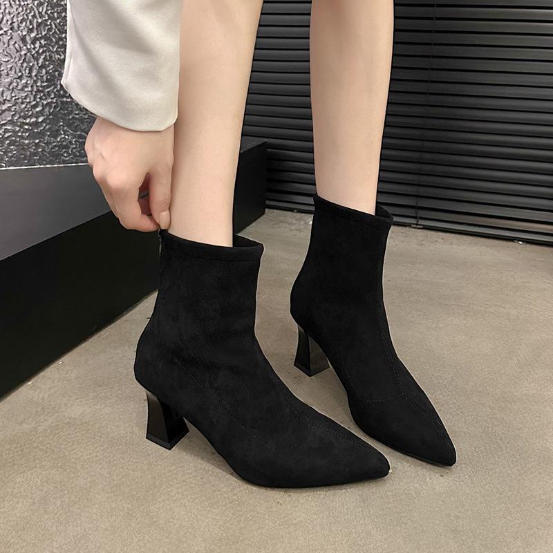 Temperament Large Size Pointed Short Boots Autumn Suede Thin Elastic Boots Thick Heel Rhinestone Metal Buckle Martin Boots
