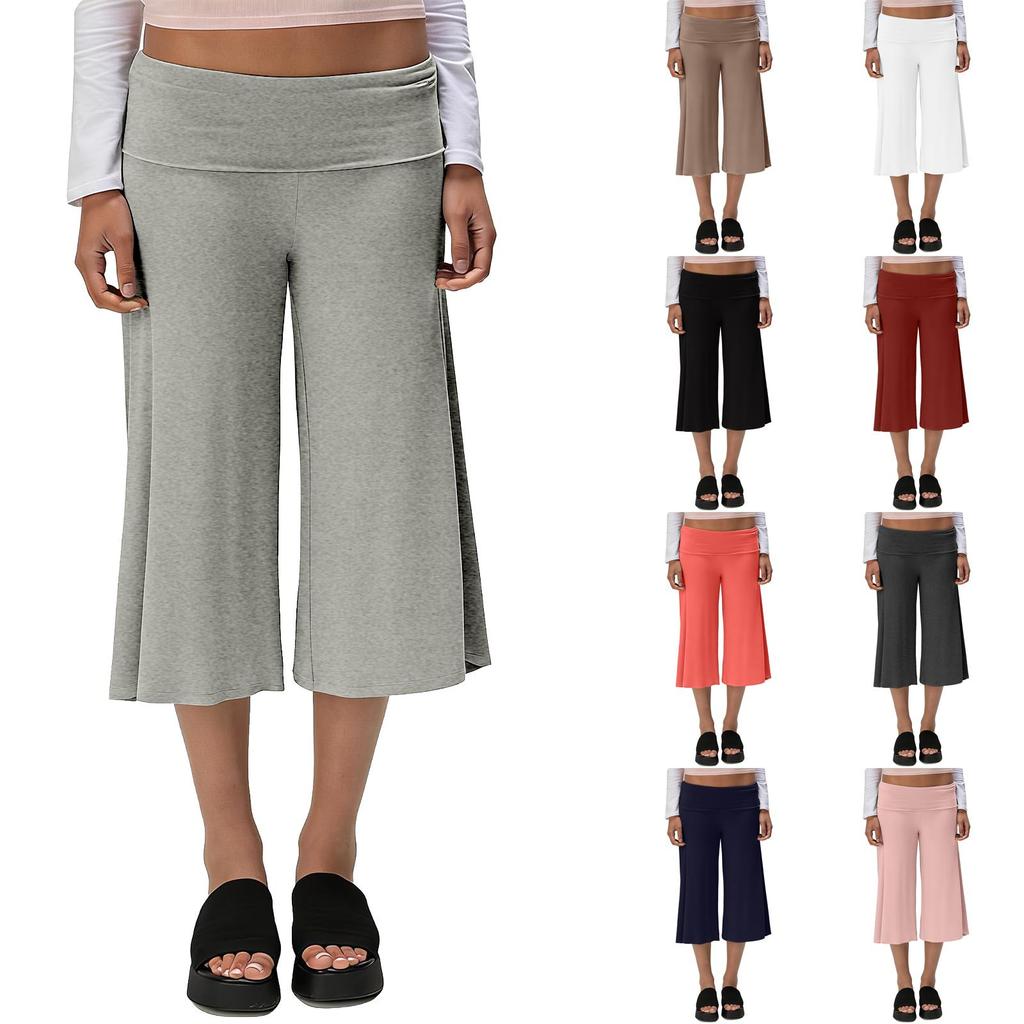 Pantaloni da Yoga da Donna a Gamba Larga Corti con Vita Pieghevole Vestibilità Rilassata Tessuto Morbido ed Elastico per il Comfort
