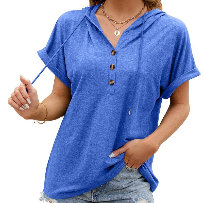Summer New Solid Color Plus Size Casual T-shirt Women with Hooded Buttons Loose Short Sleeve T Shirt Women Fashion Elegant Lady Tee Tops 24297
