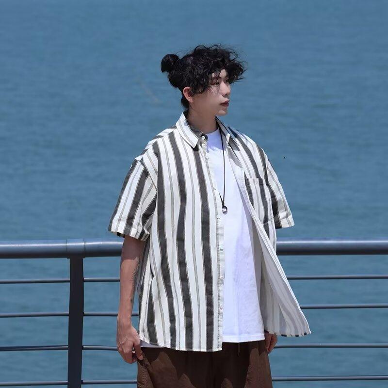 

Летняя мужская полосатая рубашка с короткими рукавами, облегающая, модная, тонкая, повседневная, с короткими рукавами, мужская рубашка 2XL
