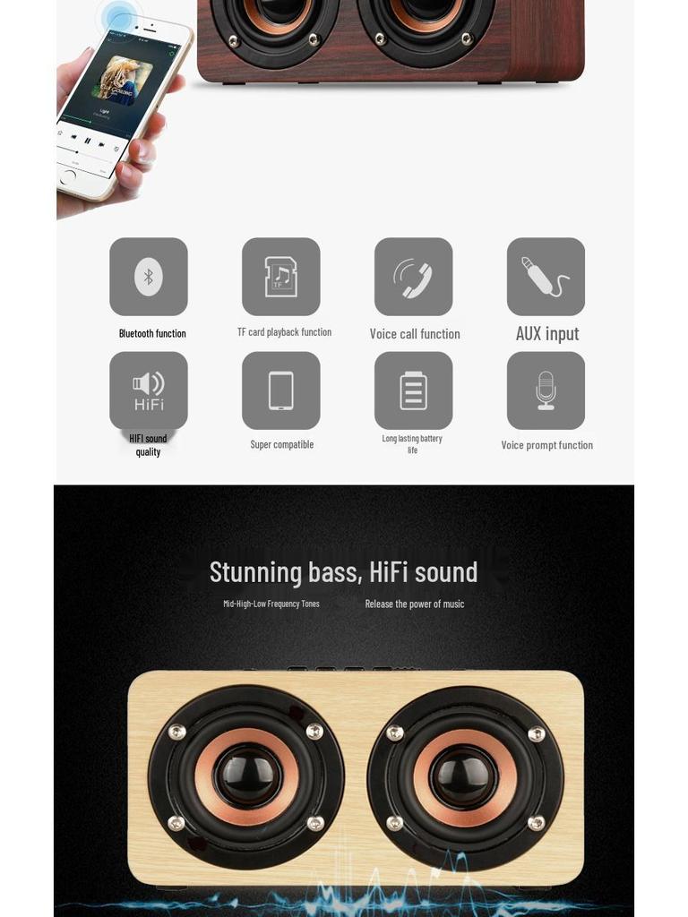 Portable Wooden Bluetooth Mini Subwoofer Speaker for Phone & Computer