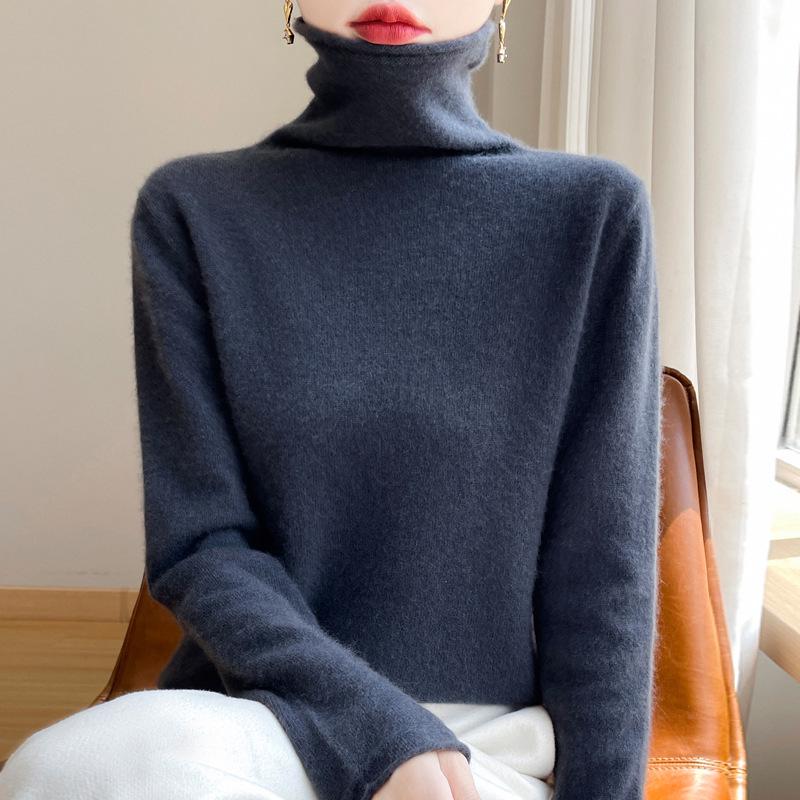 Women's 100% Wool Rolled Edge Turtleneck Sweater - Loose Fit Pullover Knit Base Layer
