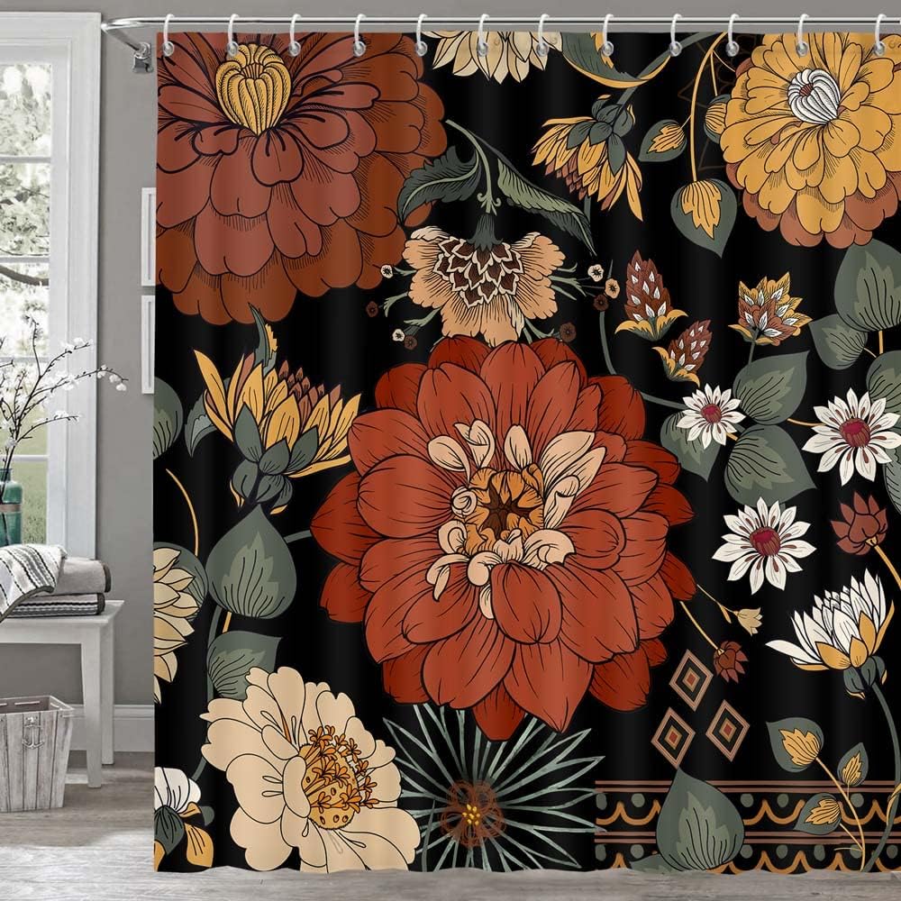 

Floral Botanical Shower Curtain, Abstract Mid Century Morden Boho Bohemian Flowers Tropical Leaves Bathroom Curtain, Waterproof 90x180cm