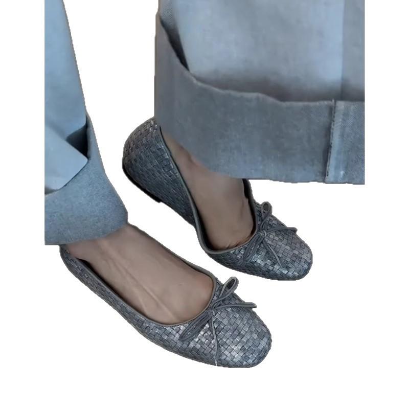 Sheepskin Version~ French Retro Bow Woven Flat-bottomed Ballet Shoes Women's Korean Version Leather Versatile Light Mouth Single Shoes