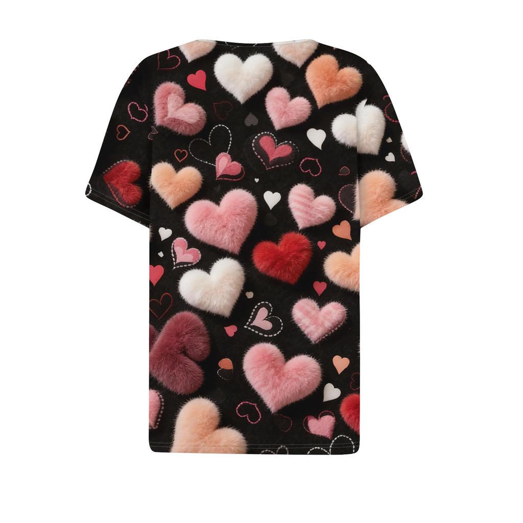 Women's Fashion Casual V,Neck Short,Sleeve T,Shirt With Decorative Buttons And Valentine's Day Print Top