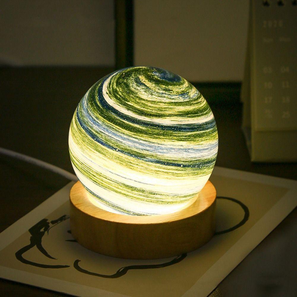 USB Plug in 3D Planet Glass Lamp With Wooden Stand 3 Color Light 80MM LED Night Light Desktop Ornament Dimmable