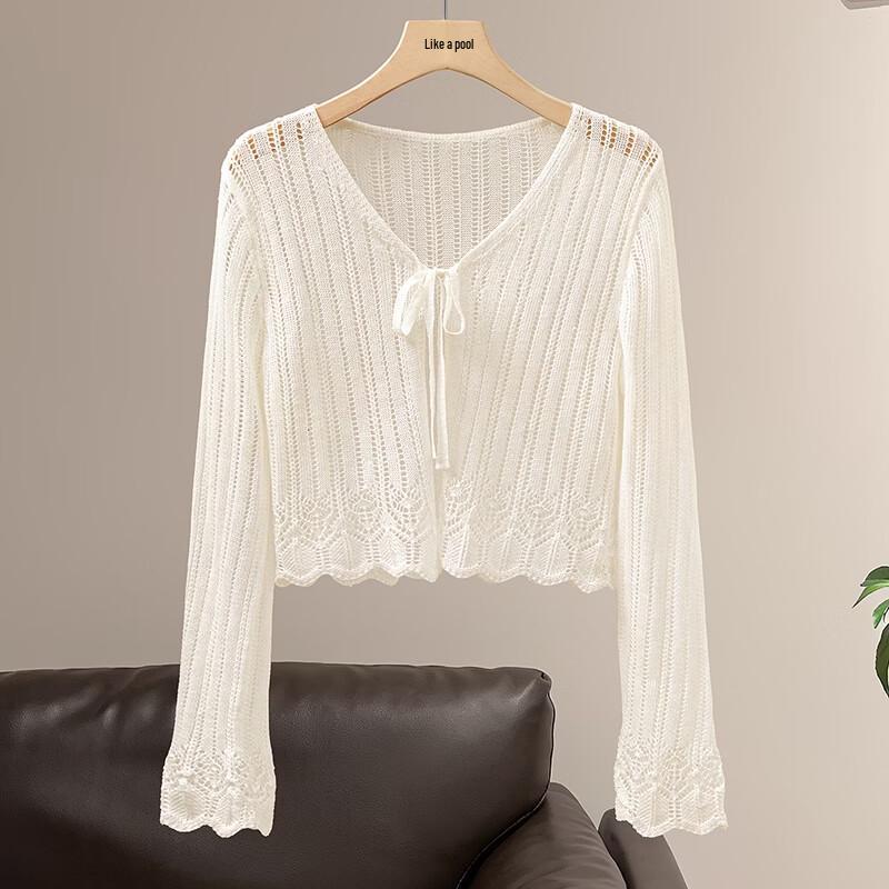 Women's Lightweight V-Neck Lace-Up Hollow Knit Cardigan