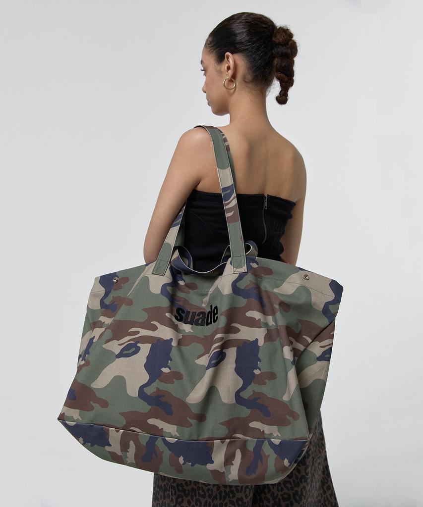 Borsa a Tote Grande in Camoscio Lavato [Mimetico]