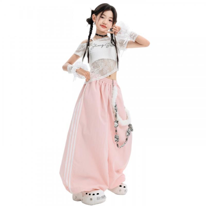 Girls Jazz Dance Outfit Hip Hop Street Performance Costume Kids Stage Wear With Lace Sleeve Top Pink Pants