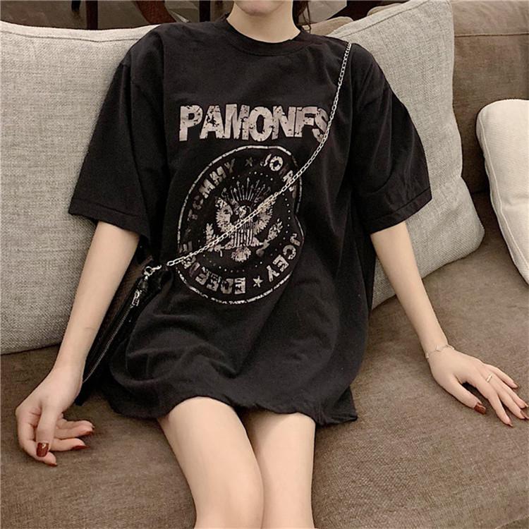 

Hong Kong Style Women s Black Retro Chic Loose-Fit Short-Sleeved Mid-Length Summer T-Shirt XL чёрный
