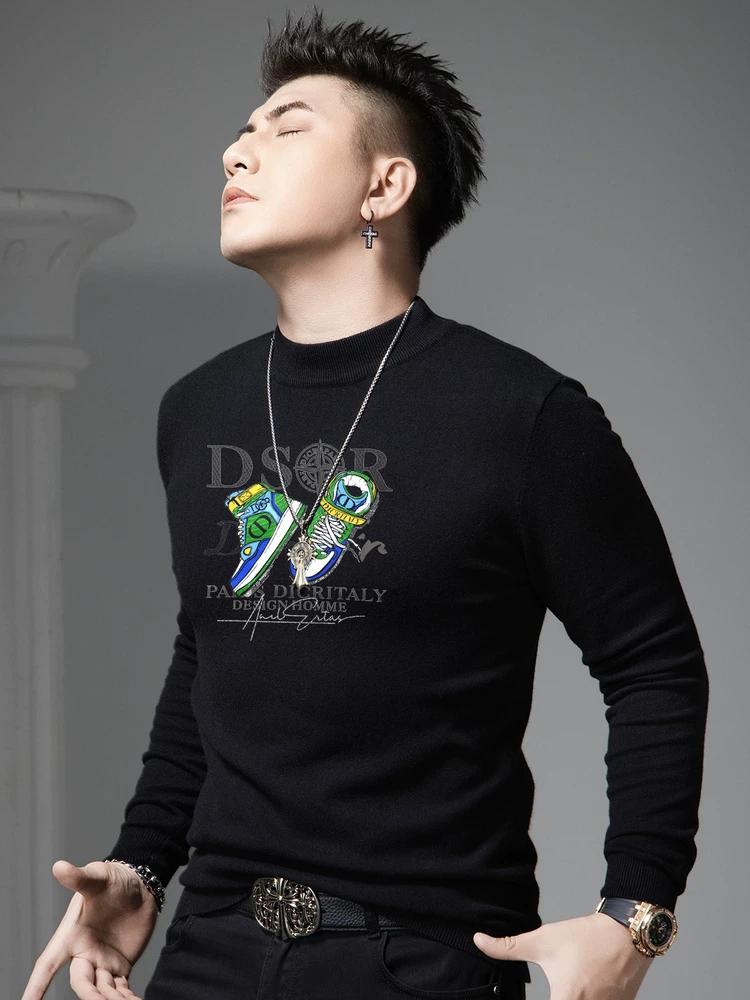 European Goods 2025 New Fashion Brand Print Sweater Men's Autumn Warm Inner Wear Half-high Collar Men's Knitted Bottoming Shirt