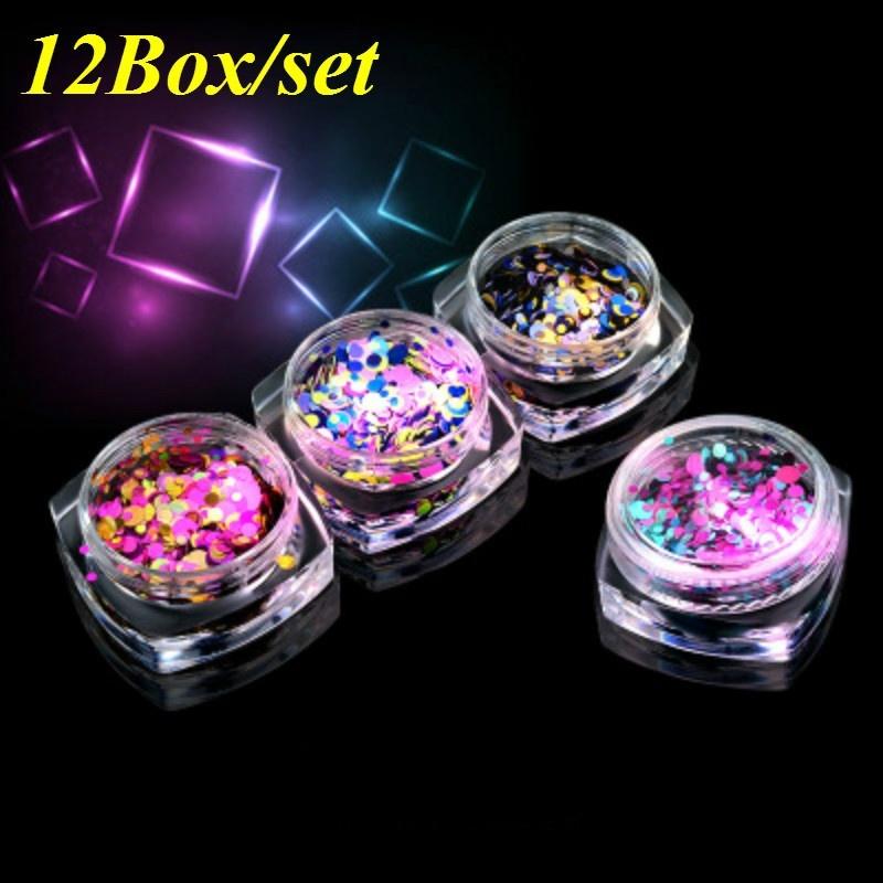 12Box 3D Charms Manicure Decor Acrylic Supplies Colorful Light Therapy Nail Art Gel Sequins Glitter