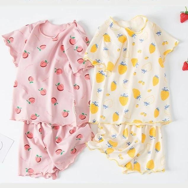 Girls Summer Pajama Set Strawberry Print Shorts Pink Peaches Tee Baby Cool Comfort Homewears Soft Breathable Sleepsuits for Play