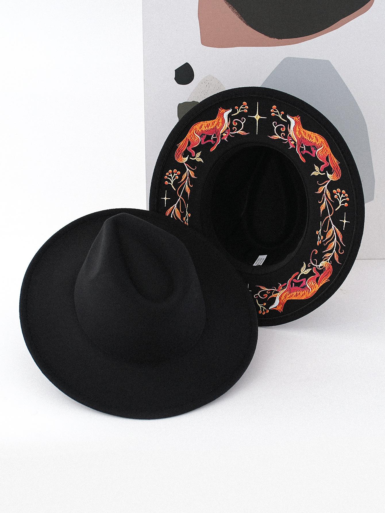 Women S Gothic Retro Wide Brim Hat With Fox Embroidery OneSize