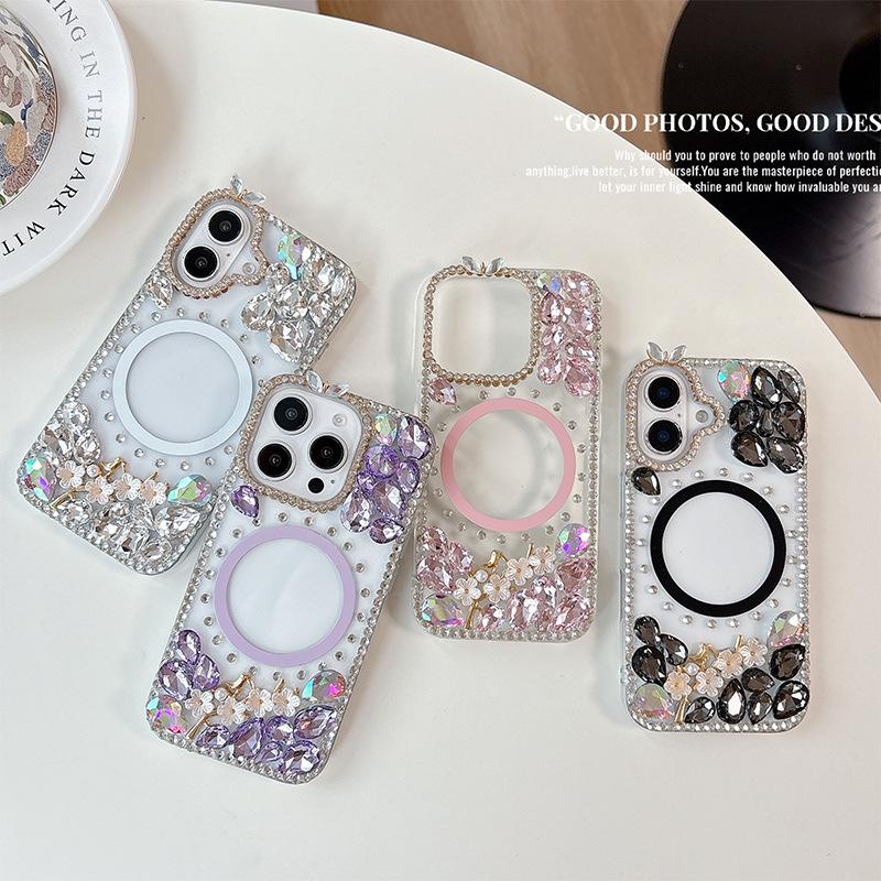 Rhinestone Flower Magnetic Phone Case for Apple 16 Promax Luxury for IPhone 17 Personalized Trendy 15 Female Model