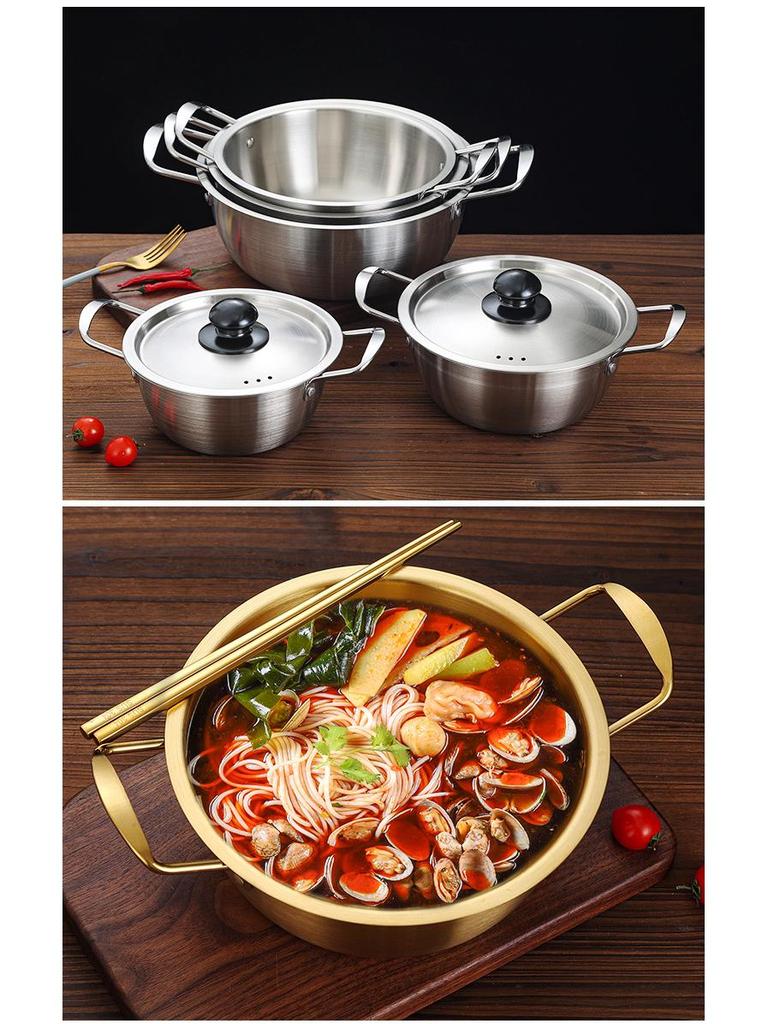 Zlatý korejský ramen hrnec z nerezové oceli s poklicí - dvojité uši, zesílené, ideální na nudle, polévku nebo malé horké hrnce.