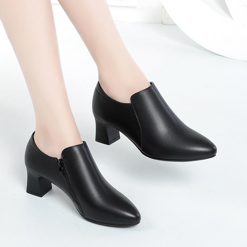 Moda Nowe Jesienne Damskie Mokasyny Miękka Skóra Szpiczasty Nosek Grube Obcasy Buty Wiosenne Głębokie Wycięcie Wygodne Solidne Robocze Pojedyncze Buty