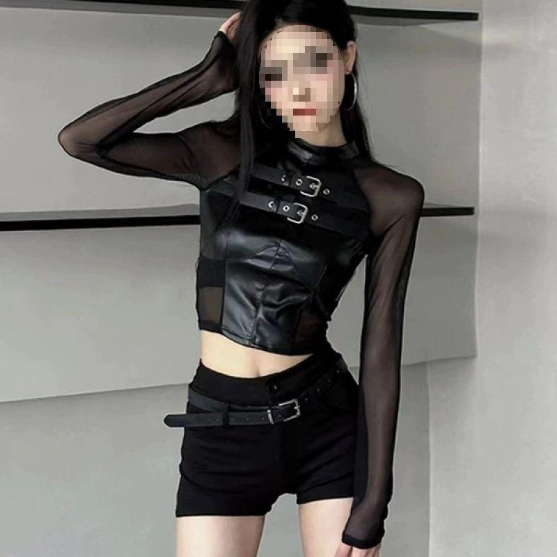 

Women’s Black Mesh-Panel Long Sleeve Crop Top - Stylish, Chic, Slim Fit for Autumn Extra Large чорний