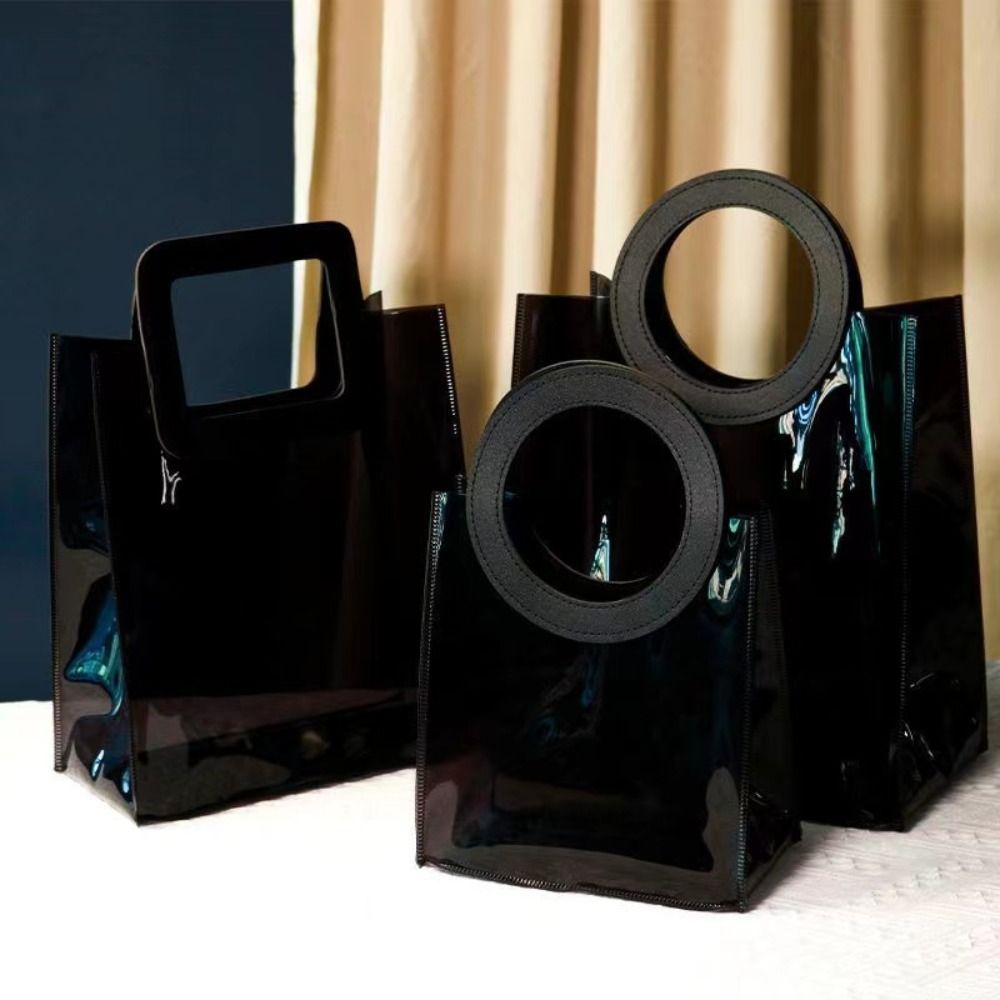 1pc Fashion Black Gift Bag Transparent PVC Handhold Packaging Tote Large Capacity Square/Round Handle Shopping Bags