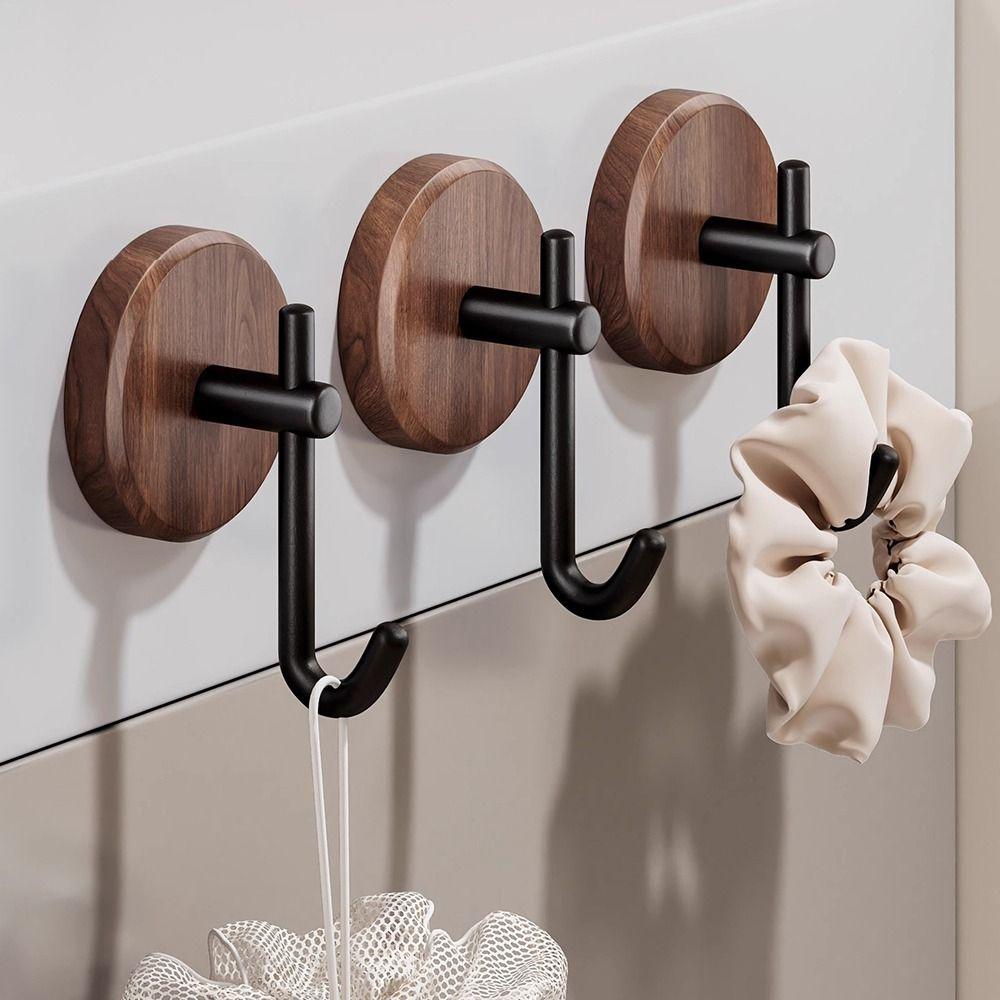 Northern Europe Wood Wall Mount Hook Self-adhesive Black White Storage Hanger No Drill Waterproof Towel Rack Home Decoration