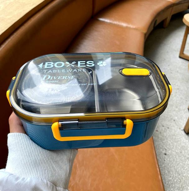 Double Layer Stainless Steel Lunch Box Leak-Proof Bento Box Dinnerware SetMicrowave Adult Student Food Container, Large Capacity 1300ml синий