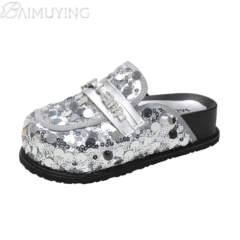 Bling Platform Mules Slippers Women Flat Sandals Casual Loafers Shoes Woman 2025 Trend Comfort Elegant Dress Summer Slides Mujer