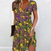 Summer Fashion Women's V Neck Short Sleeve Retro Floral Printed  Dress Sex Short Skirt Dresses