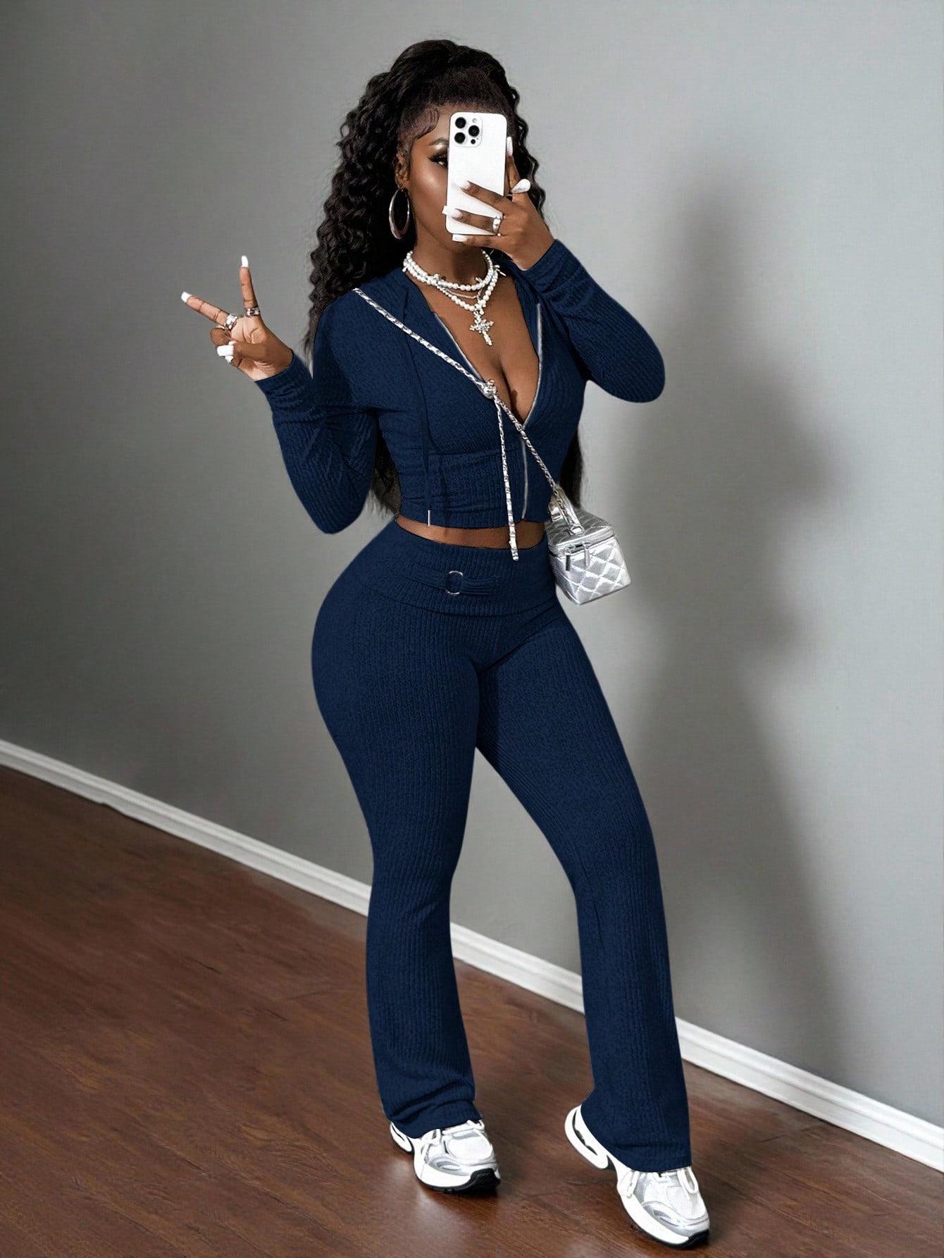 

Fashion 2025 Ribbed Knit Slim-Fit Two-Piece Set with Long Sleeve Hoodie S