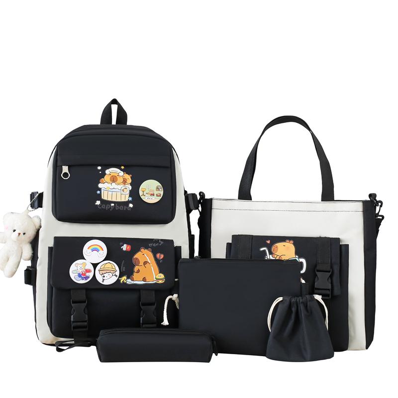 Pięcioczęściowy Zestaw Plecaków Dziewczęcy Plecak Płócienny z Kreskówką Chilren Plecak Szkolny o Dużej Pojemności dla Uczniów Szkoły Podstawowej