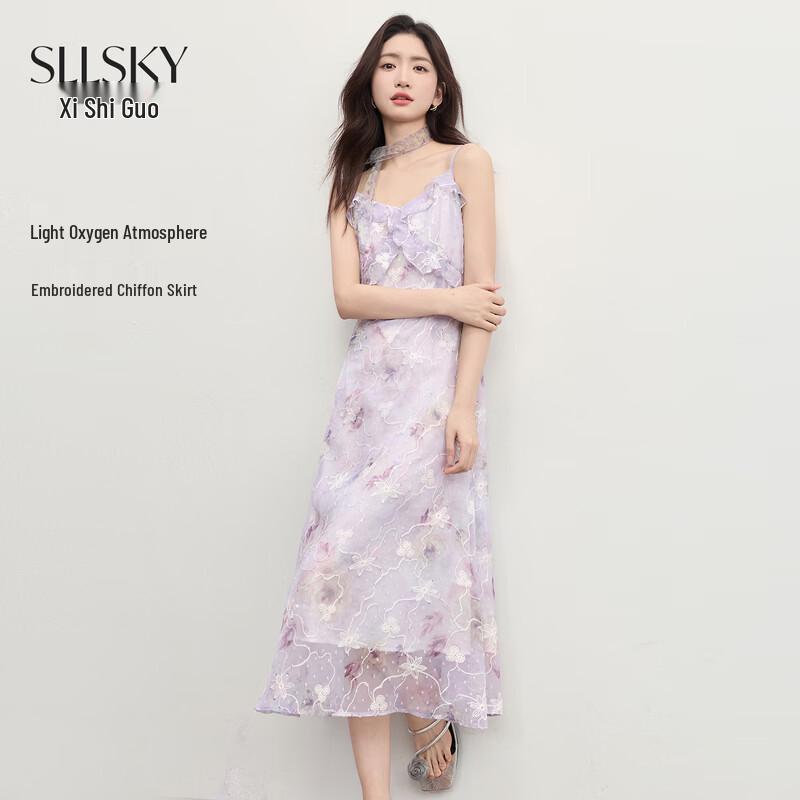 French Style Floral Embroidered Chiffon Camisole Dress S