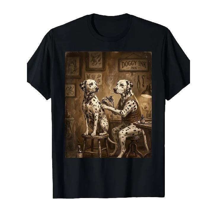 Men'S Short Sleeve Black With Doggy Ink Dalmatian Dog Tattoo Artist Humor T-Shirt Casual Daily Wear