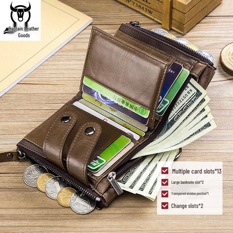 Cow Captain Vintage RFID Men's Trifold Zipper Wallet - Genuine Leather & Top Layer Cowhide