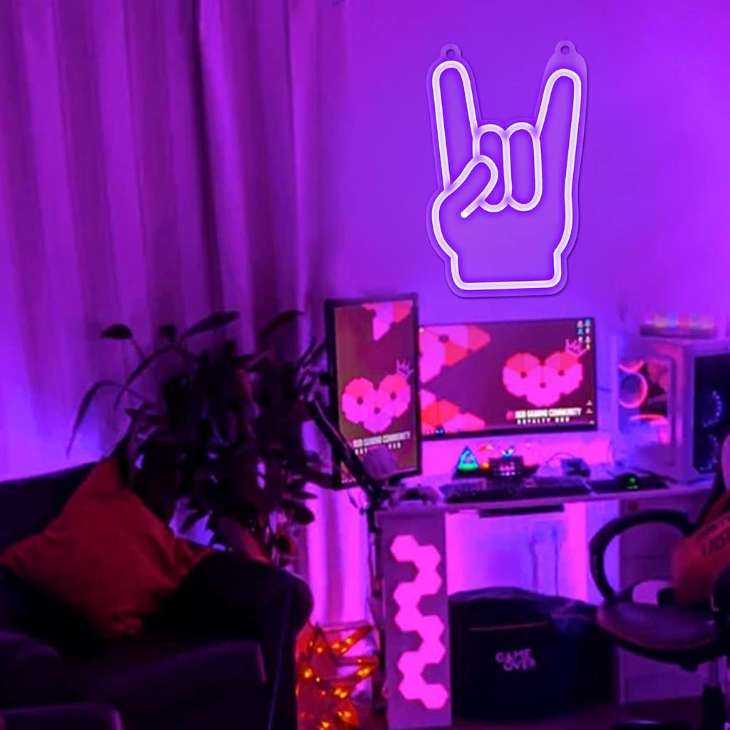 Attivolife Rock Hand Shaped Neon Light, Gamer Wall Decor LED Purple Neon Signs, USB Powered for Bar Christmas Birthday Home Party Gifts