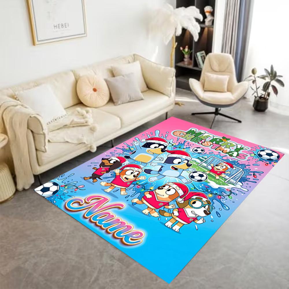 Bluey Soccer Adventure Personalized Text Floor Mat Perfect for Entryway Outdoor Playrooms Dining Room Antislip Carpet Decorate Offices