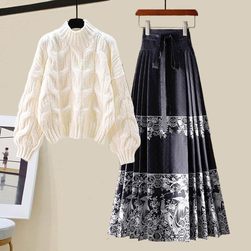 2024 Winter New Year Hanfu Set: Thick Sweater & Horse Face Skirt