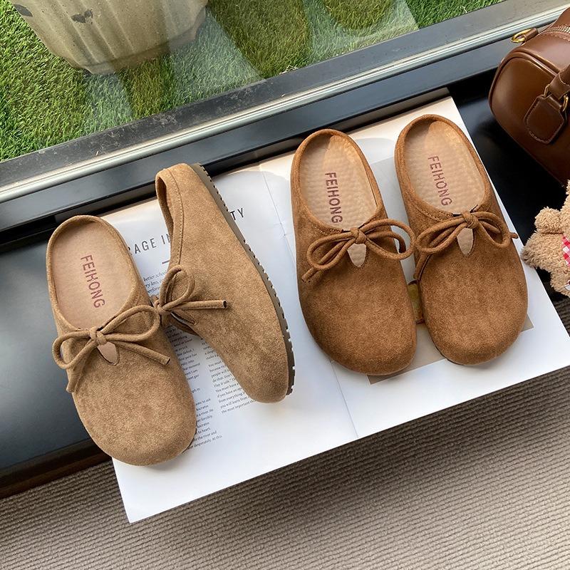 Retro matte round head half slippers women's spring big head women's flat bottom one pedal casual beanie shoes