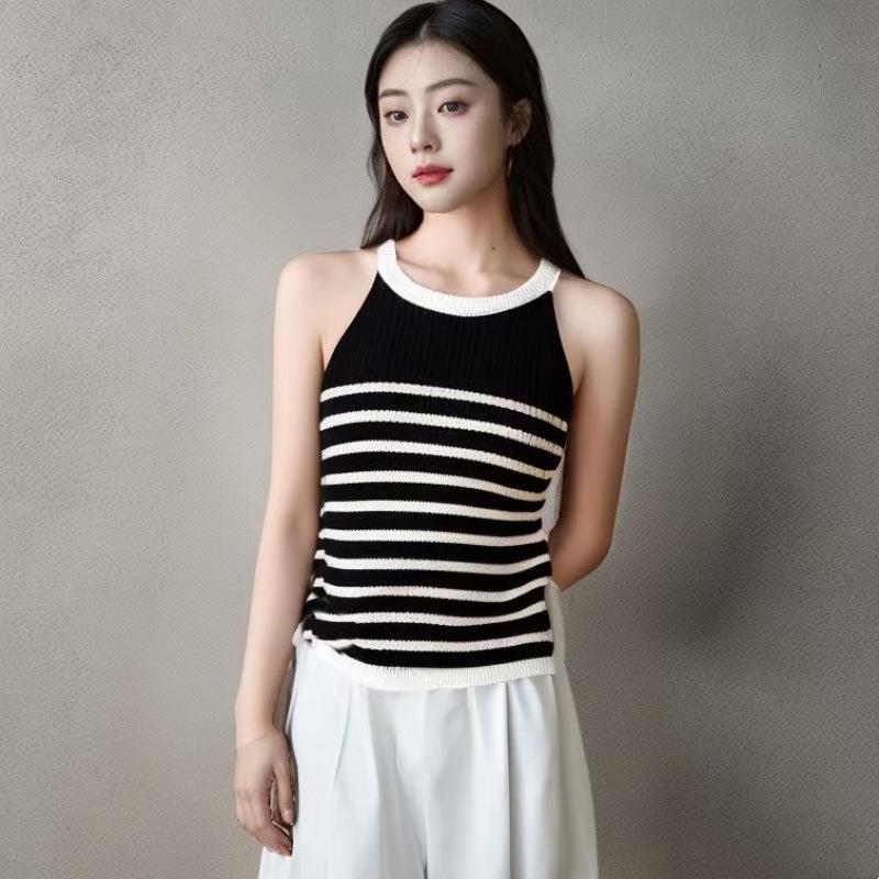 Women's Halterneck Striped Ice Silk Knit Camisole - Sleeveless Top, Covers Armpit Fat, Ideal Summer Outerwear