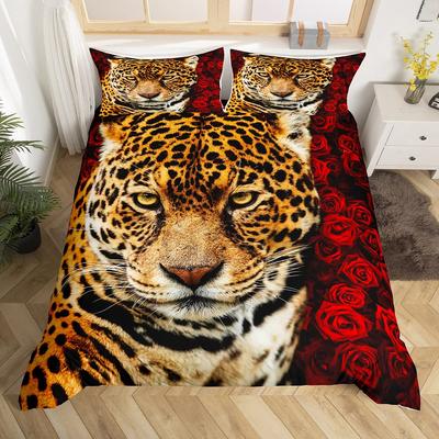 Leopard Duvet Cover Set King Red Rose African Safari Animals Quilt Cover Microfiber Rose Floral Cheetah Jungle Print Bedding Set