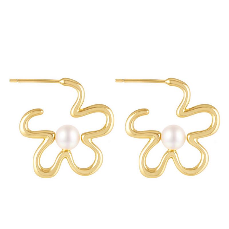 Minimalist 925 Sterling Silver Pearl Flower Stud Earrings золотой