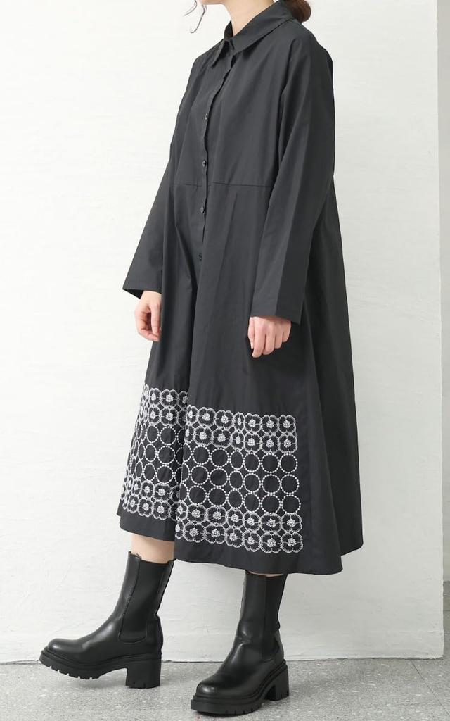 Gold Japan Plus Size Embroidered Floral Long Regular Sizes Women's Dress, Print, Sleeve, Collar, Black, L-3L, Goldy-1429