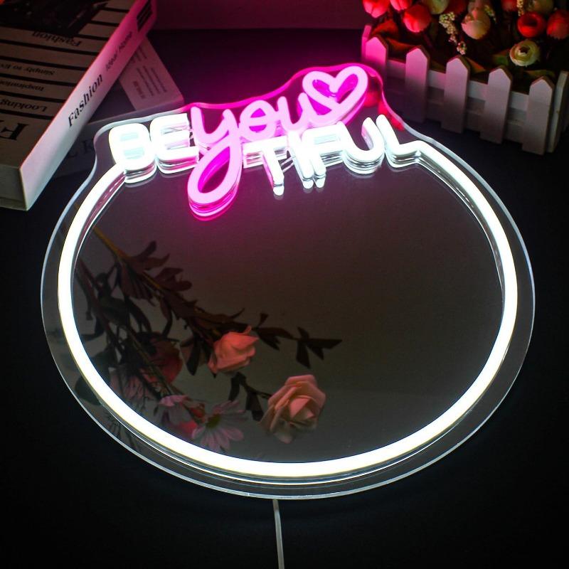 Wunderschönes Spiegel Neon Schild, Neon Schild für Wanddekoration, Rosa und Weißes Neon Licht Schild für Zuhause, USB-Anschluss LED Neon Schilder für Mädchenzimmer Dekoration
