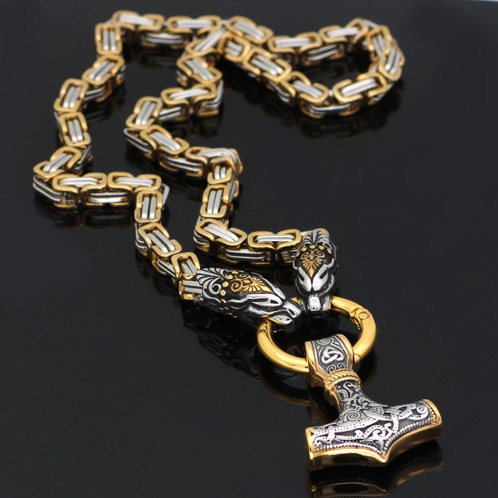 Men's Gold Viking Dragon Head Steel Thor's Hammer Necklace