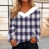 Women's Fashion Long Sleeve Plaid Print Fleece Collar V-Neck Top